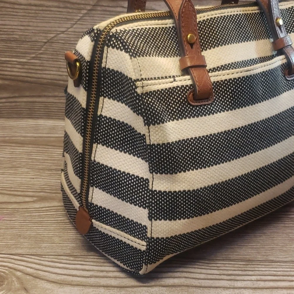 Fossil striped gray and cream canvas satchel bag